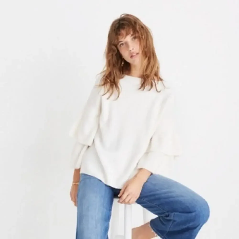 Madewell Tier Sleeve Sweater Cream Small S Wool Stretch Bateau Neck 3/4 Sleeve